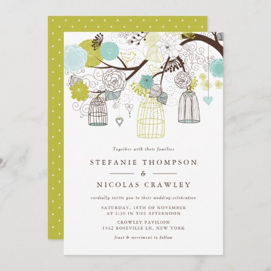 グリーンとブルーつるのバードケ結婚ージ 招待状 (正面/裏面)