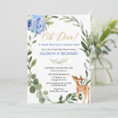 グリーンとブルーとゴールドの赤ちゃん鹿のカップル ベビーシャワー 招待状 (スタンド正面)