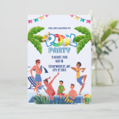グリーンとブルーのイラストプールパーティー 招待状 (スタンド正面)