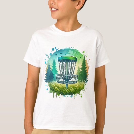 グリーンとブルーのディスクゴルフをテーマ Tシャツ (正面)