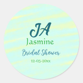 グリーンとブルーのパステルカラーの水彩画のウェディングシャワーの名前 ラウンドシール