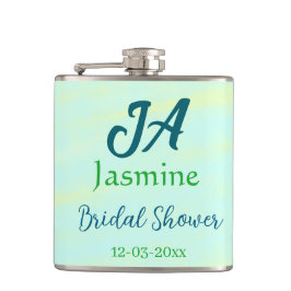 グリーンとブルーのパステルカラーの水彩画 ブライダルシャワーの名前 フラスク