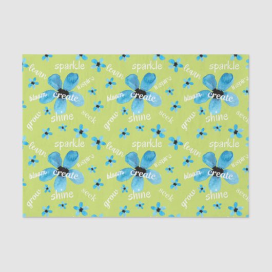 グリーンとブルーの水彩花のギフト用デコレーション（ポジティブな言葉付き） 薄葉紙 (正面)