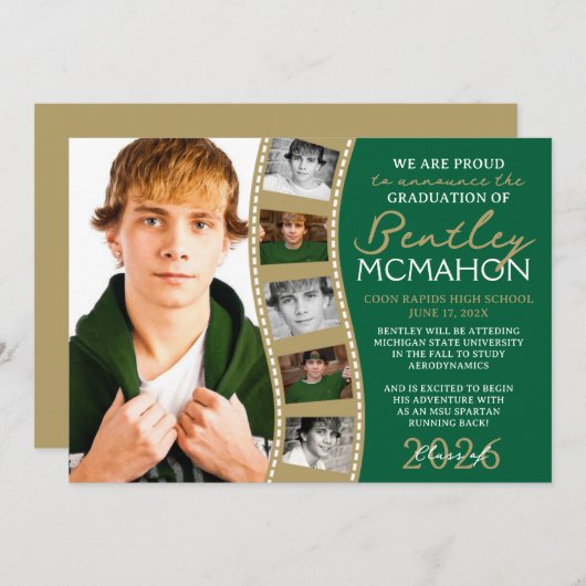 グリーンとブロンズの写真フィルムストリップのグラード発表 招待状 (正面/裏面)