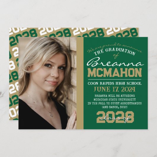 グリーンとブロンズの金ゴールドの卒業写真の発表 招待状 (正面/裏面)