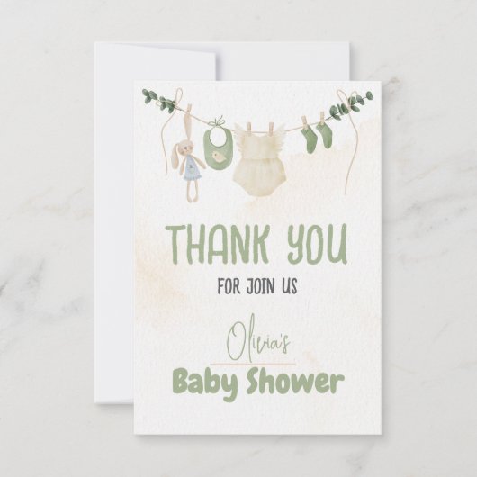 グリーンとベージュ繊細な水カラーフローラベビーSh サンキューカード (正面)