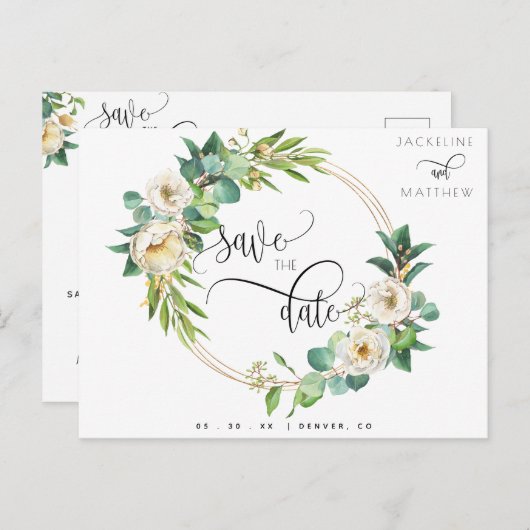 グリーンとホワイトとイエローのフラワー ウェディング セーブ・ザ・デート ポストカード (正面/裏面)