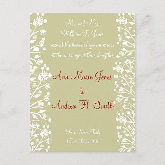 グリーンとホワイトのクリスチャンウェディング インビテーションポストカード (正面)
