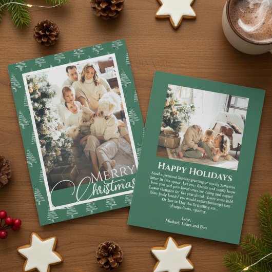グリーンとホワイトのクリスマスツリーパターン写真 シーズンカード