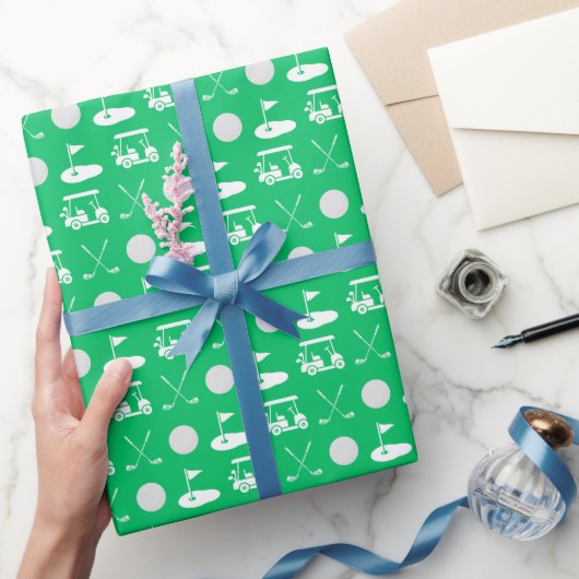 グリーンとホワイトのゴルフボール、カート&クラブ ラッピングペーパー (ギフト)