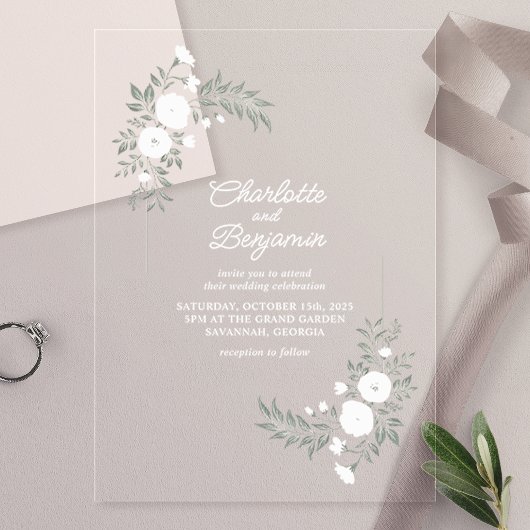 グリーンとホワイトのフラワーの結婚式 アクリル招待状