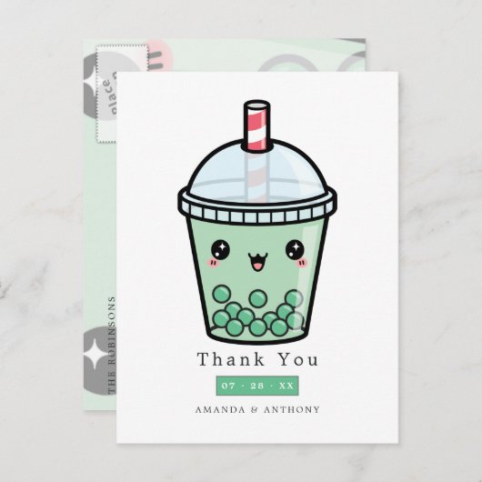 グリーンとホワイトの水彩花のウェディング御礼 ポストカード (正面/裏面)