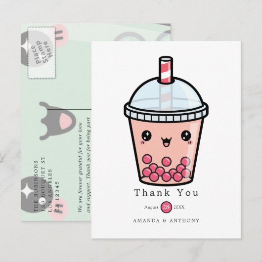 グリーンとホワイトの水彩花のウェディング感謝 ポストカード (正面/裏面)