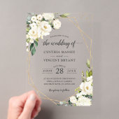 グリーンとホワイトの花とゴールドの幾何学模様の結婚式 アクリル招待状 (インサイチュ (ポータブル))