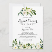 グリーンとホワイトの花を飾ったブライダルシャワーティーパーティー 招待状 (正面)