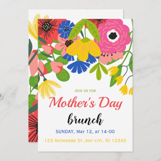 グリーンとホワイトの花柄の母の日招待状 招待状 (正面/裏面)