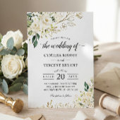 グリーンとホワイトローズの花模様 ゴールドの葉 ウェディング 招待状