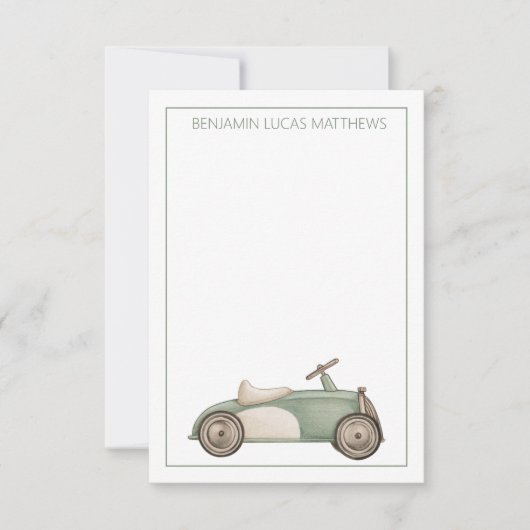 グリーンとホワイトヴィンテージおもちゃパーソナライズされた車 ノートカード (正面)