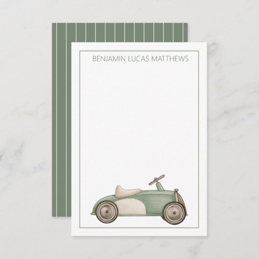 グリーンとホワイトヴィンテージおもちゃパーソナライズされた車 ノートカード (正面/裏面)