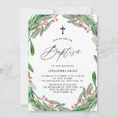 グリーンとホーリーのリースの冬の洗礼 招待状 (正面)