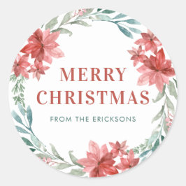 グリーンとポインセチアのリース クリスマス ラウンドシール