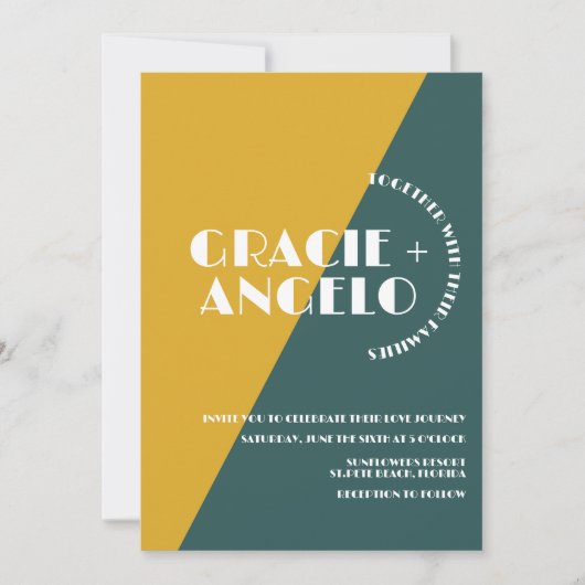 グリーンとマスタードのツートン ウェディング 招待状 (正面)