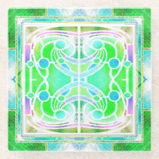 グリーンとミントのステンドグラス大聖堂の窓 ガラスコースター (正面)