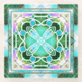 グリーンとミントのステンドグラス大聖堂の窓 ガラスコースター (正面)