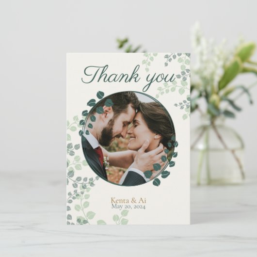 グリーンとモノグラム結婚のフラットサンキューカード サンキューカード (スタンド正面)