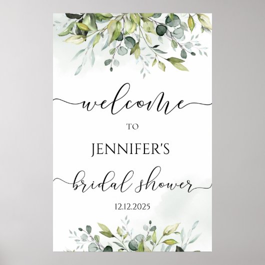 グリーンとユーカリのウェディングシャワー歓迎ボード ポスター (正面)