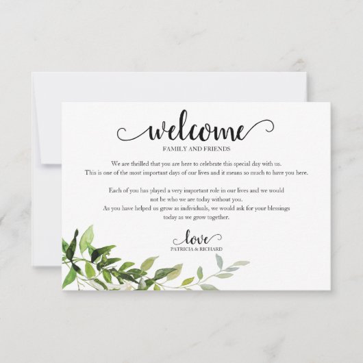 グリーンとユーカリの結婚式ウェルカムホテルカード 招待状 (正面)