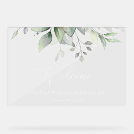 グリーンとユーカリの葉の誕生日ウェルカム アクリルサイン