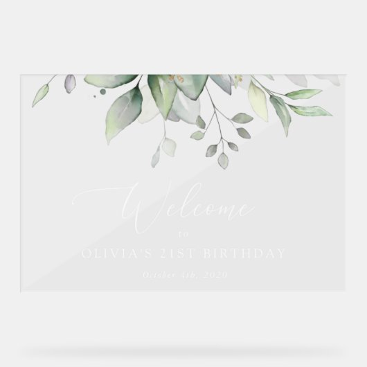 グリーンとユーカリの葉の誕生日ウェルカム アクリルサイン (正面)
