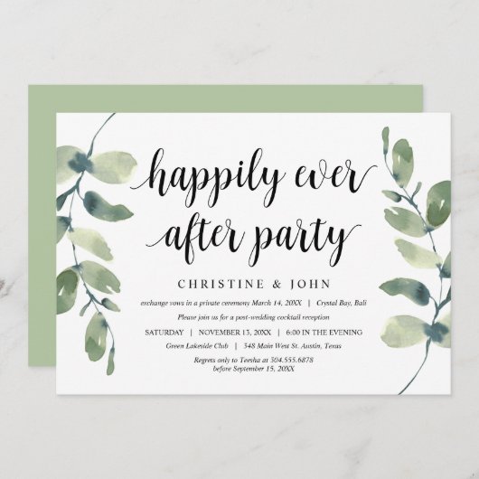 グリーンとユーカリ、ブラック、結婚式の秘密結婚 招待状 (正面/裏面)