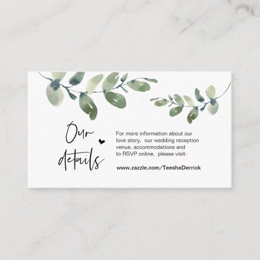 グリーンとユーカリ,, ブラック, 結婚式の詳細 エンクロージャーカード (正面)