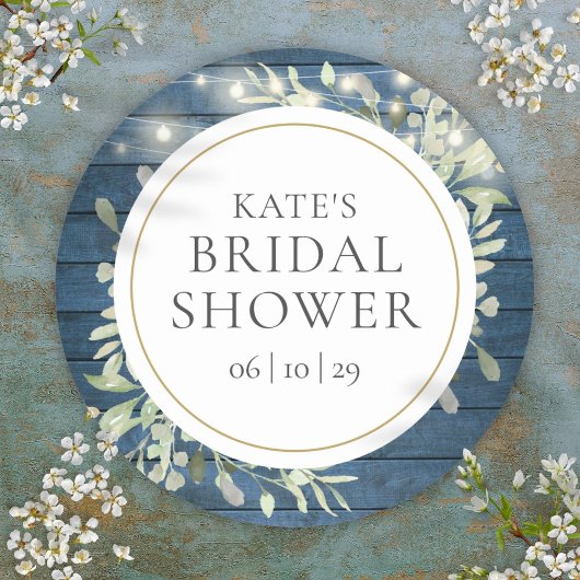 グリーンとラスティックなストリングライトのウェディングシャワーデザイン ラウンドシール