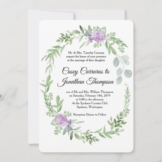グリーンとラベンダーの結婚式招待状テンプレート 招待状 (正面)