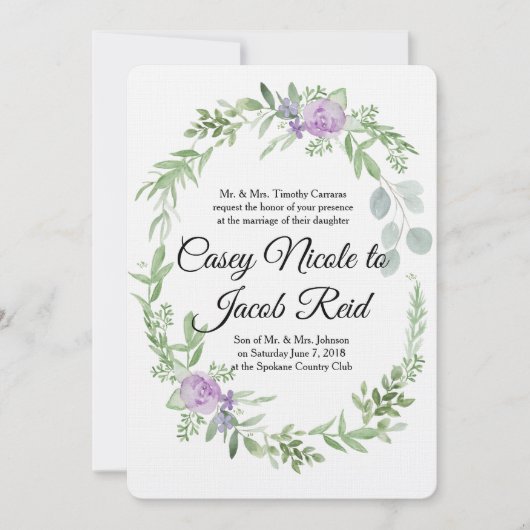 グリーンとラベンダー結婚式招待状テンプレート 招待状 (正面)