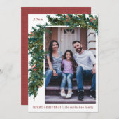 グリーンとリボンの赤い麻布のホリデー写真 シーズンカード (正面/裏面)