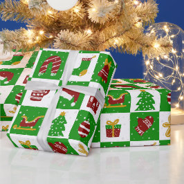 グリーンとレッドのクリスマスアイコン ラッピングペーパー