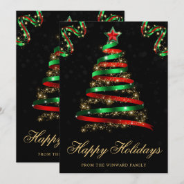 グリーンとレッドのスパークリーリボンツリークリスマス シーズンカード