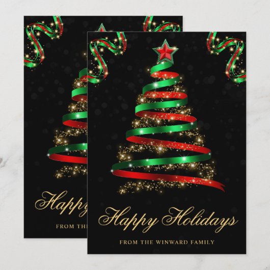 グリーンとレッドのスパークリーリボン ツリー クリスマス (正面/裏面)