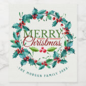 グリーンとレッドの水彩画 ホーリー リース メリークリスマス ワインラベル (シングルラベル)