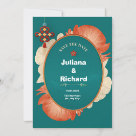 グリーンとレッドの花の装飾 ウェディング招待状 招待状