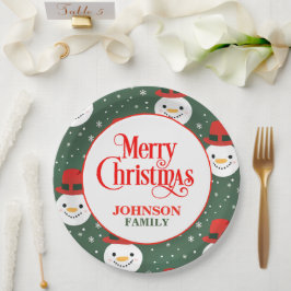 グリーンとレッドの雪だるまクリスマス ペーパープレート