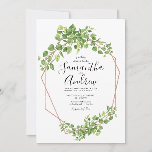 グリーンとローズゴールドのエレガントな水彩ボヘミアンフォイル 招待状 (正面)