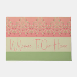 グリーンとローズピンクの歓迎 ドアマット