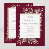 グリーンとワインレッドのオールインワンQRコード ウェディング招待状 招待状 (正面/裏面)