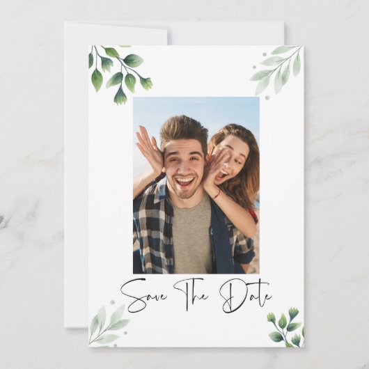 グリーンと写真のSave The Date招待状 招待状 (正面)