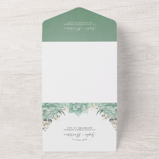 グリーンと多肉植物とゴールドの葉のウェディング オールインワン招待状 (外側)